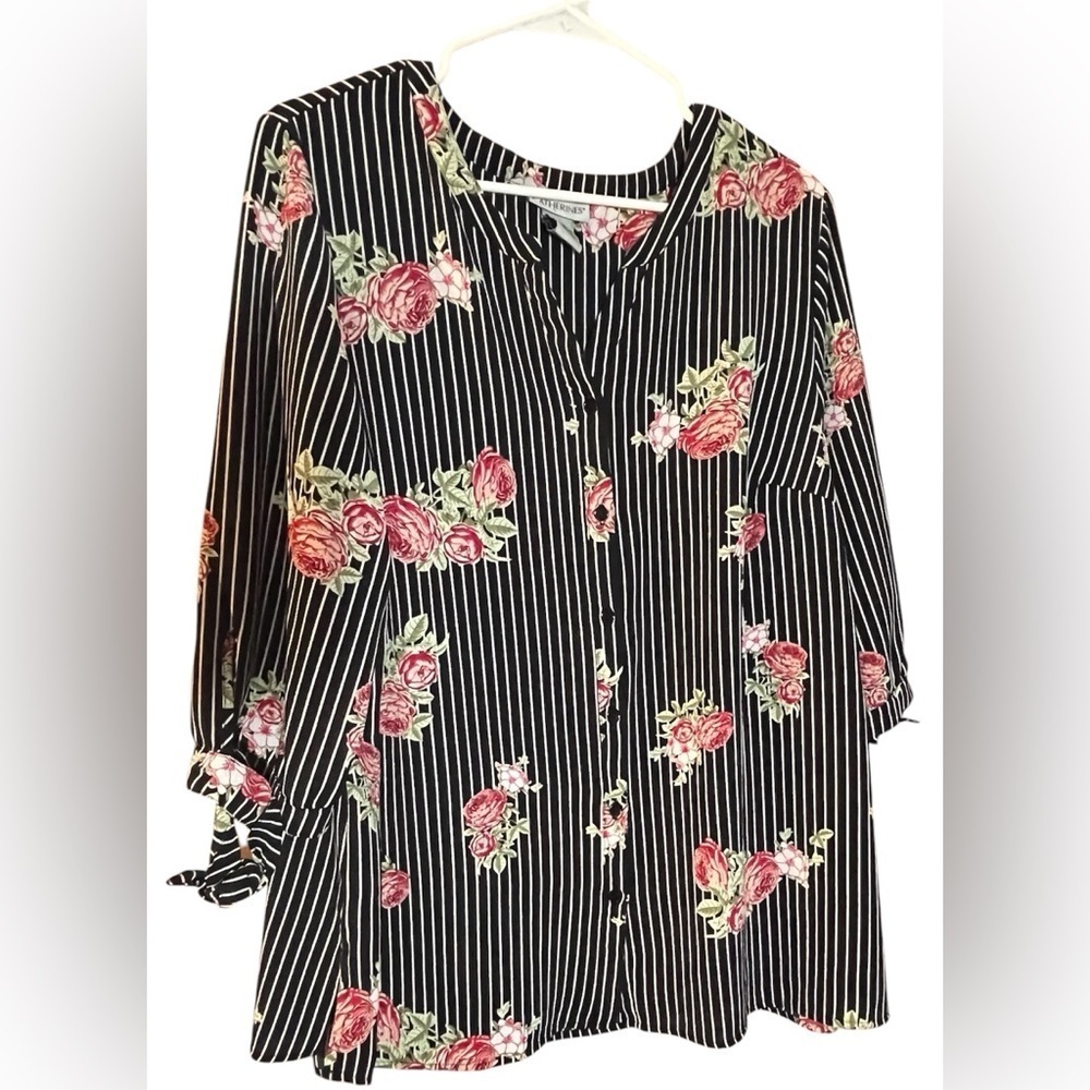 Catherines Floral Button Down Shirt Tie Sleeve vacation Boho cruise 14/16W